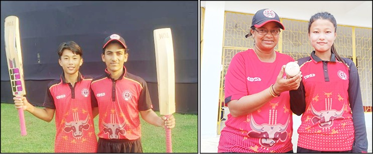 (Left) Neizekho Rupreo (L) and Yugandhar (R) who scored half centuries against Arunachal Pradesh today. (Right) Soyimkumla of the Nagaland U-19 women’s team congratulated by her coach for her 5 wickets haul against Manipur today.